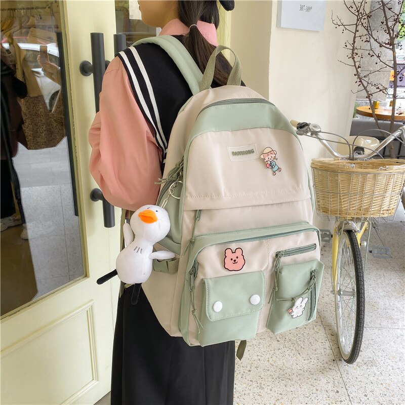 Kawaii Multi-pocket Women Backpack Female Waterproof Nylon Travel Bag College Girl Schoolbag Contrast Color Laptop Backpack