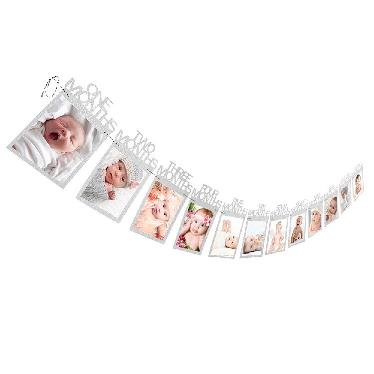 12 månader fotoram banner baby 1st grattis på födelsedagen dekorationer baby shower 1st baby pojke flicka mitt första år festtillbehör: Silvermånader