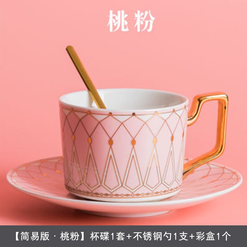 British Style Luxury Coffee Cup and Saucer Set with Gold Spoon Ceramic Cappuccino Afternoon Tea Cup Box Set 200ml: Pink