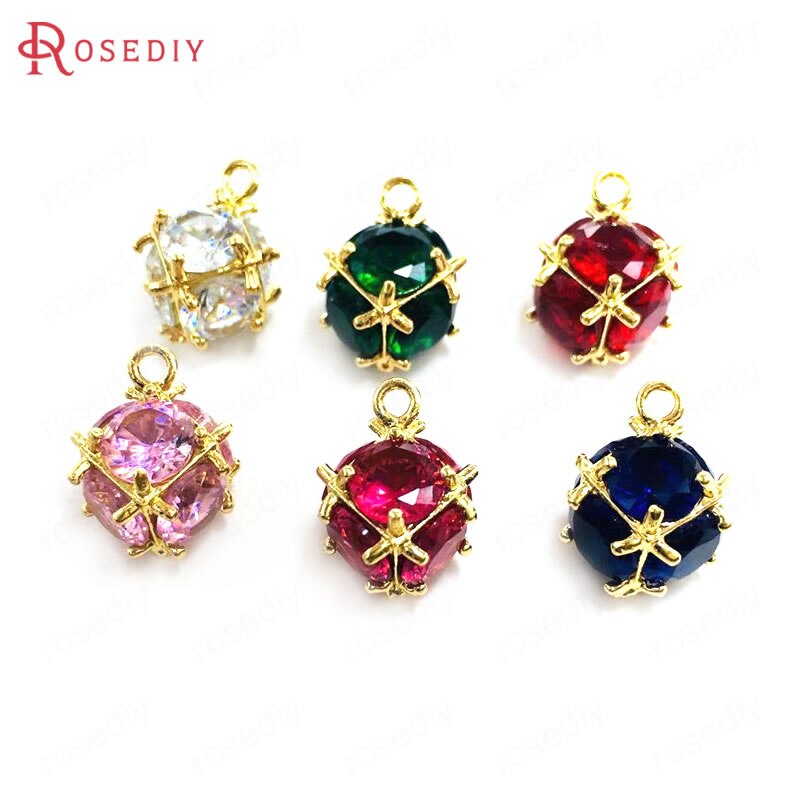 (38109)6PCS Zircon 4MM or 6MM 24K Champagne Gold Color Brass and Zircon Cube Charms Pendants Jewelry Making Supplies Accessories