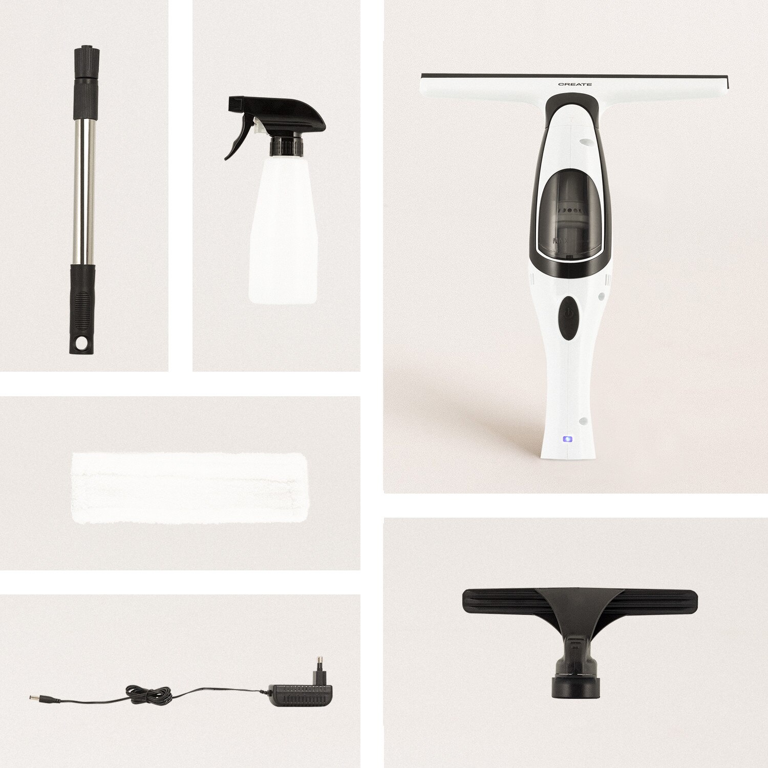 CREATE-WIPE XT, Limpiacristales Ventana Eléctrico, Espejos, Azulejos, Con Labio de Goma Herramienta de Limpieza Extensible hasta 65cm Fácil de Usar