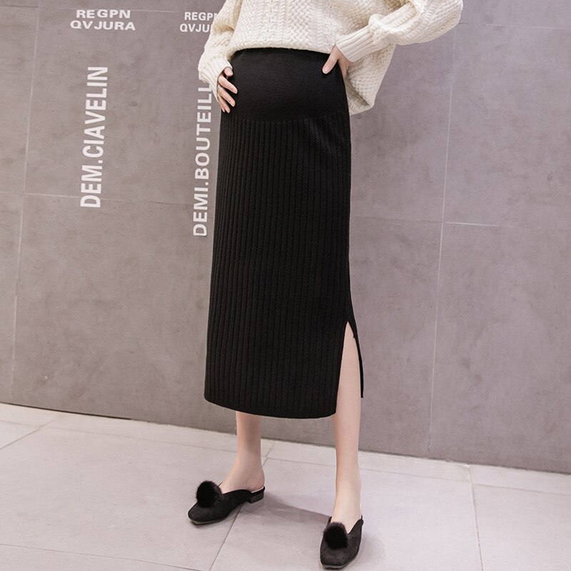 Gonne premaman New Fashion gonna a metà polpaccio autunnale lavorata a maglia coreana con spacchi laterali gonne a pancia a vita alta per donne incinte: Black / M