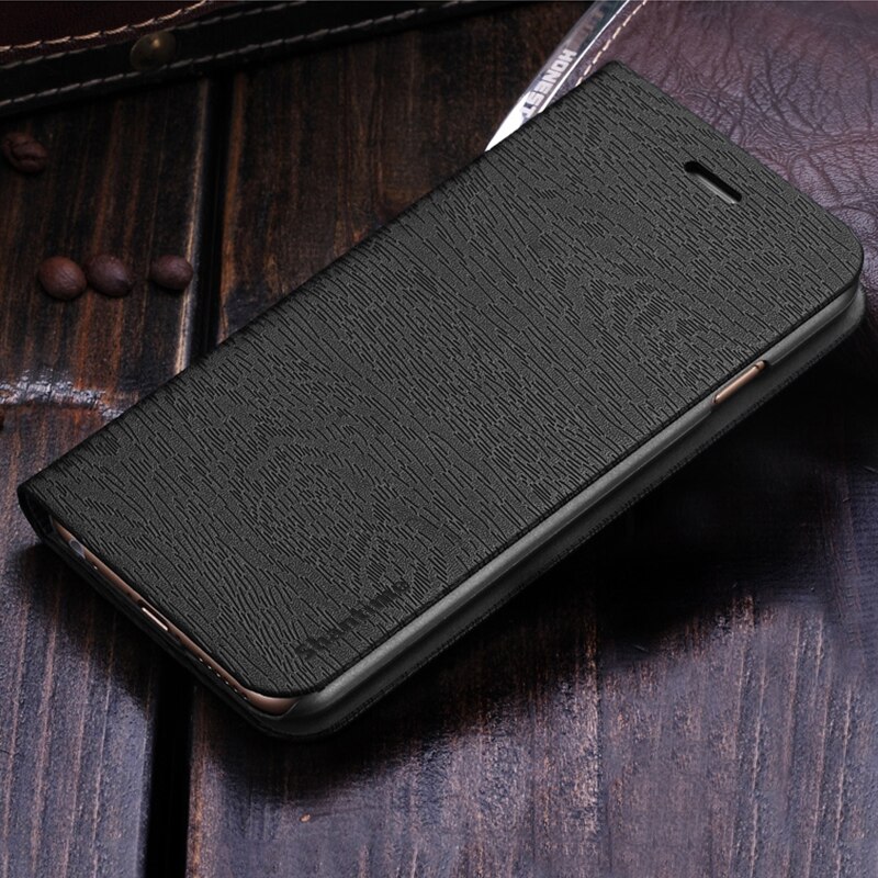 Pu lederen telefoonhoesje met houtnerf voor huawei  y6p flipcase voor huawei  y6p business portemonneehoesje zachte siliconen achterkant: Zwart