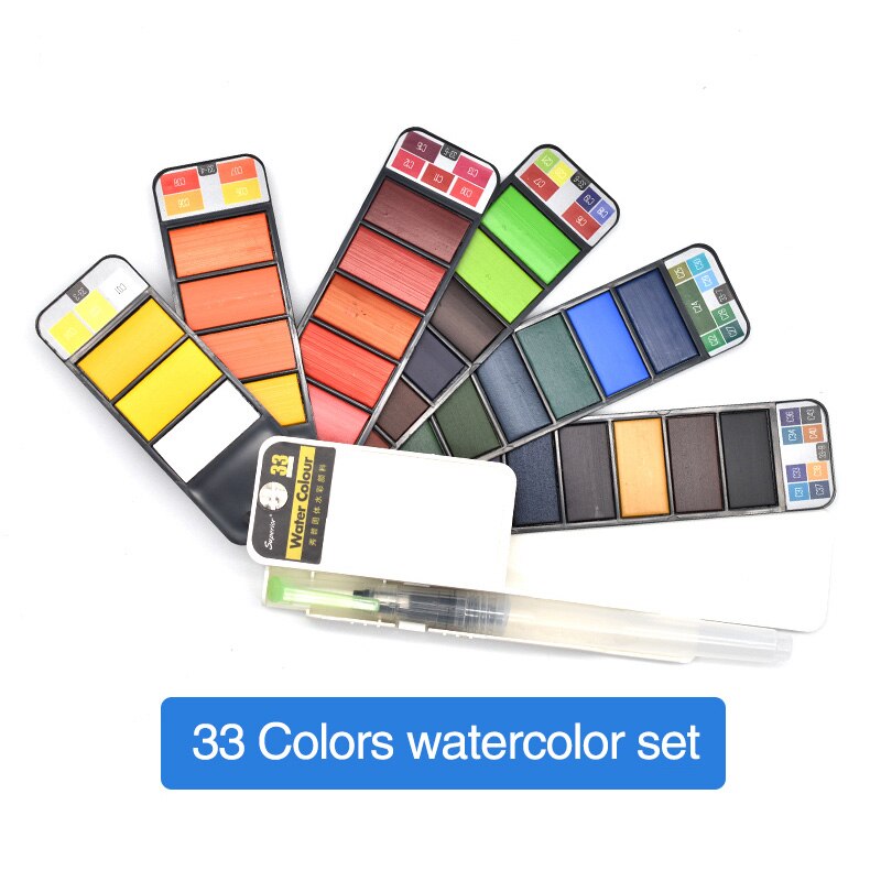 Overlegen 18/25/33/42 farver solid akvarel maling sæt med vand pensel pen akvarel pigment til tegne kunst forsyninger: 33 farver