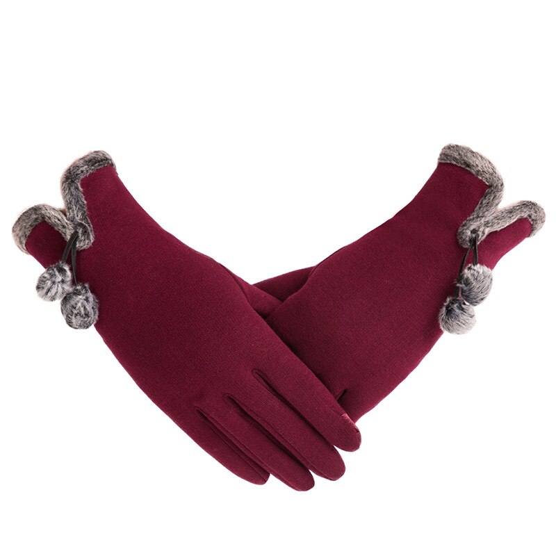 Vrouwelijke Herfst Winter Niet-ge Ïnverteerde Fluwelen Kasjmier Volledige Vinger Warm Lace Hairball Handschoenen Vrouwen Katoen Touch Screen Handschoenen g82: E Red