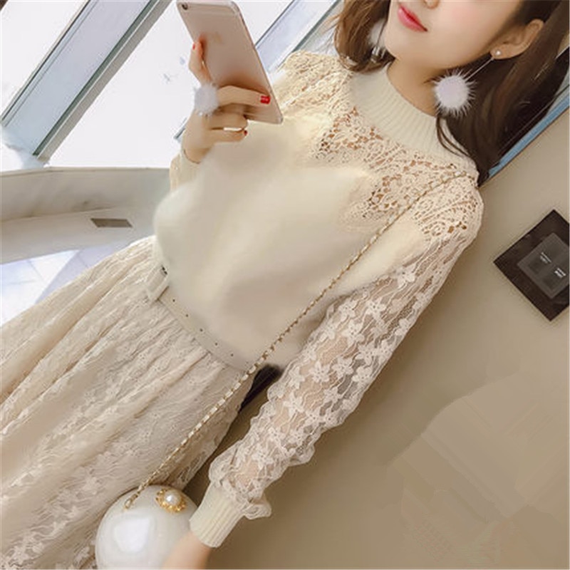 Tcyeek Women Long Dresses Early Spring Female Clothes Lace Knitted Black Dress Girls Clothing LWL130