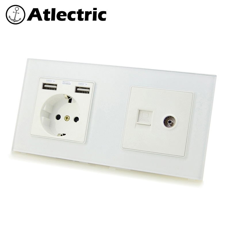 Atlectric de eu stik vægstik dobbelt usb , rj45,  tv port dobbelt stik stik stikkontakt glas panel led indikator