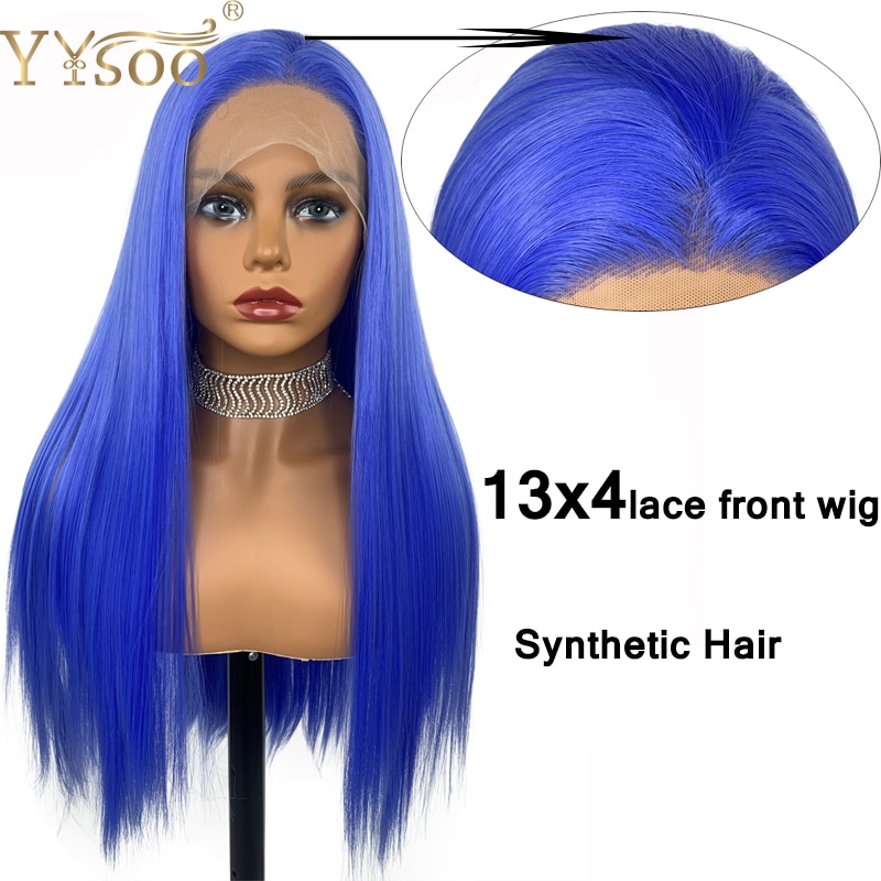 Yysoo Synthetische Lace Front Blauw Wig13x4 Lange Zijde Recht Mode Blauwe Pruik Met Gratis Deel Hoge Temperatuur Vervanging Haar Pruik