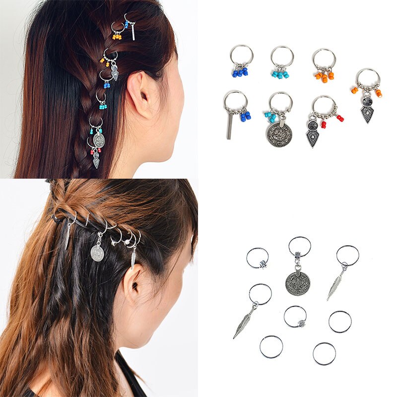 7 unids/bolsa de trenza de pelo plateada, puños de pelo con cuentas, amuleto de tubo de Rastas, accesorios de extensión