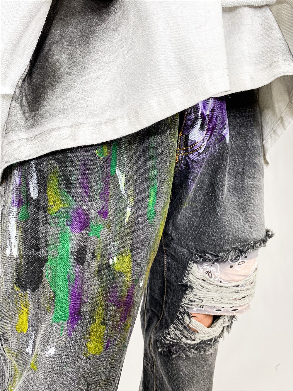 Hip hop graffiti denim flare bukser herre afslappet lynlås revet hul efterår vinter streetwear lange bukser joggers jeans