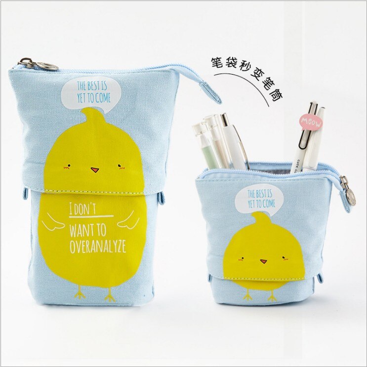 Søde dyr stand up blyant holder teleskop blyant pose stående pen poser opbevaringsboks lærred papirvarer arrangør makeup taske: Gul and