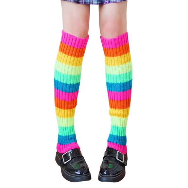 Vrouwen 80S Retro Party Geribbelde Gebreide Beenwarmers Neon Rainbow Gestreepte Dans Sokken M6CD