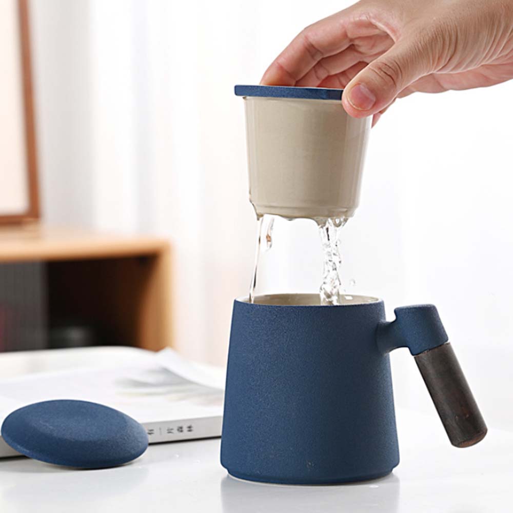 360ml Filter Liner Tea Separation Tea Cup with Pear Blossom Wood Anti-scalding Handle Water Cup