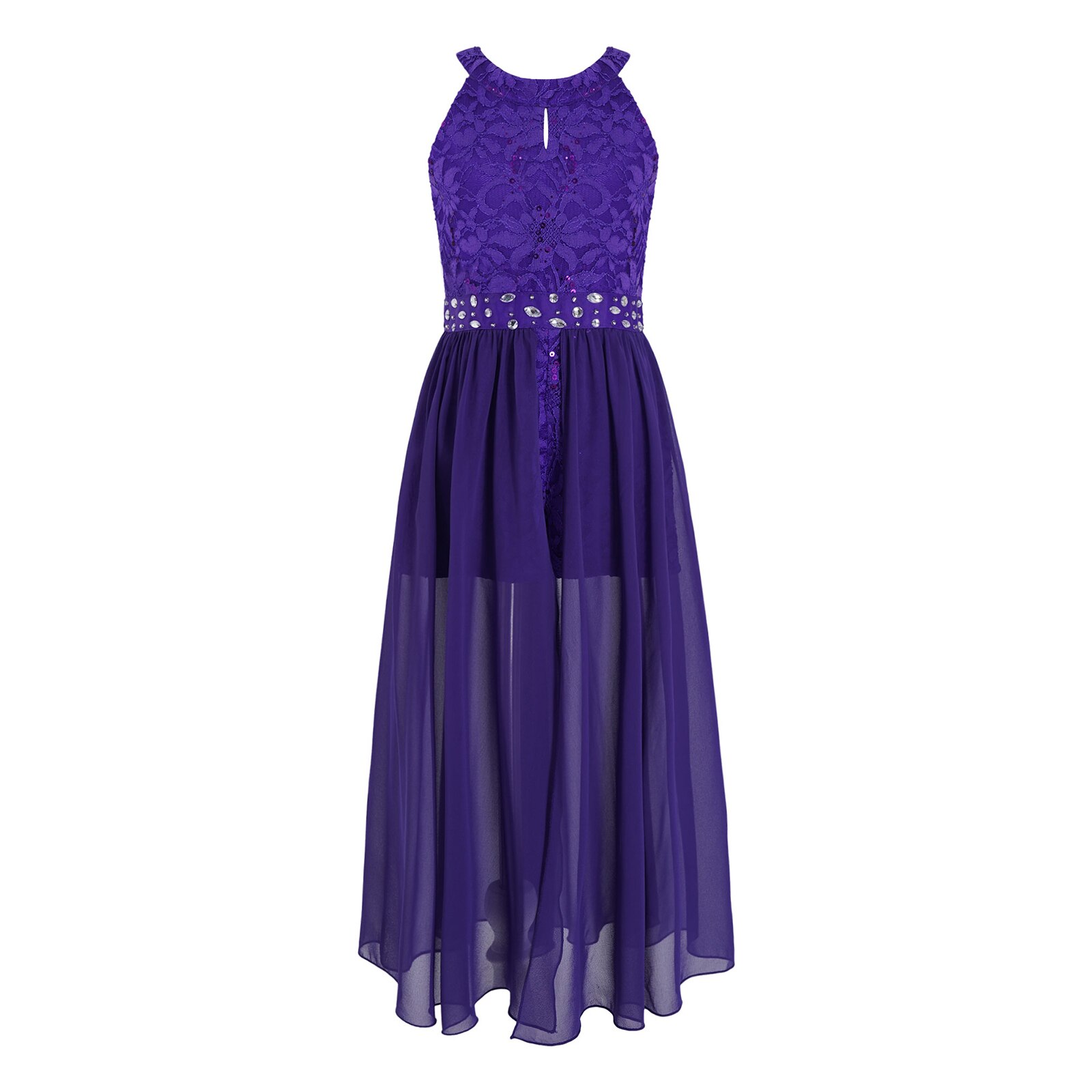 Meisjes Lyrische Dans Turnpakje Jurk Dancewear Mouwloze Bloemen Kant Strass Bruiloft Verjaardag Feestjurk