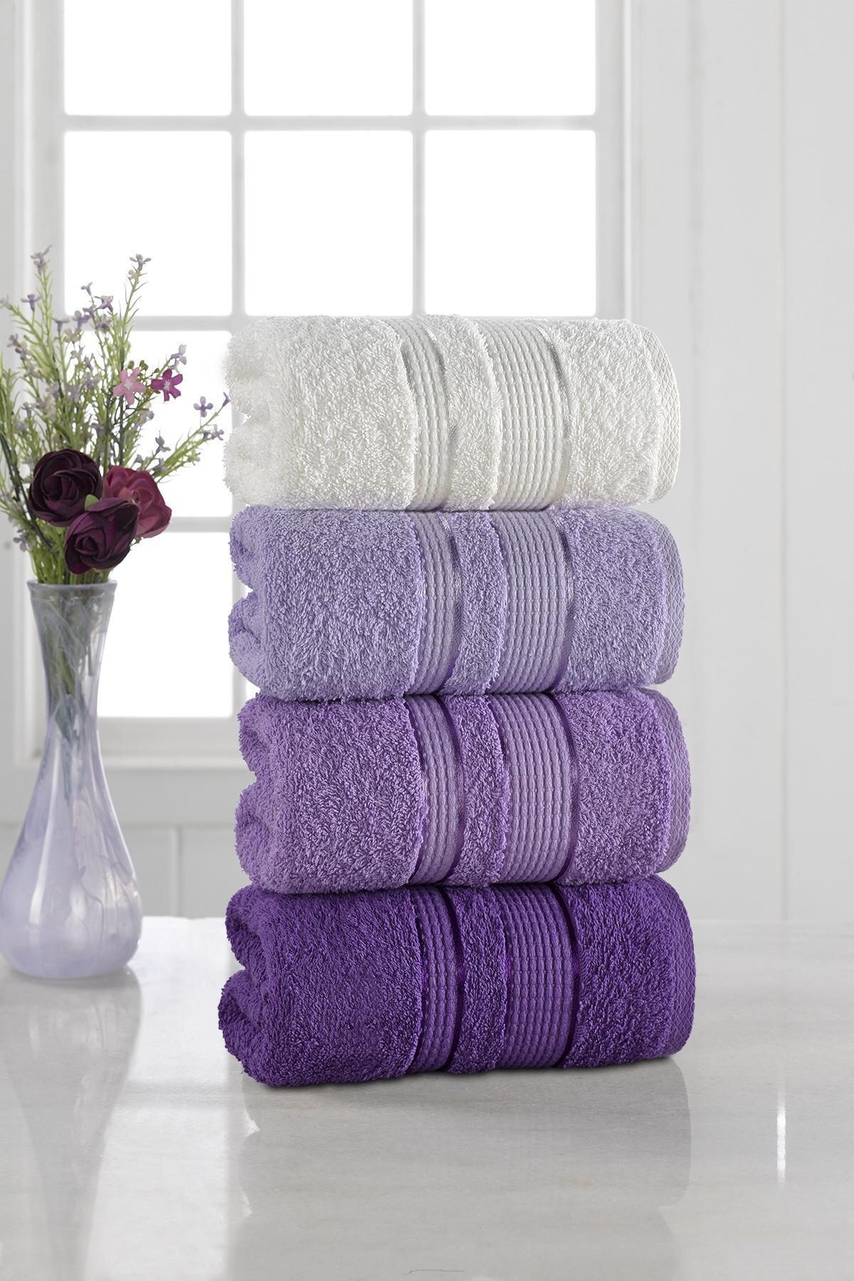 Premium 4 stk håndklædesæt håndklæder og ansigtshåndklæder 100%  tyrkiske bomulds luksus superbløde og meget absorberende håndklæder: Lilla