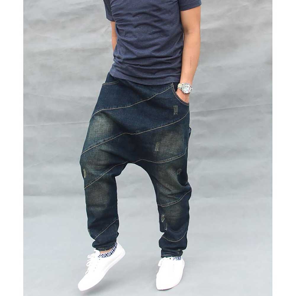 Pantalones vaqueros holgados #39 modernos para hombre, estilo casual, estilo harén, estilo hip hop, con cintura elástica y cordón, color azul, talla grande.