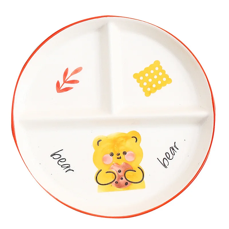 Children's Tableware Cartoon Ceramic Grid Plate for One Person Breakfast Plate Divider Plate Ceramic Dish Serving Platter: Brown