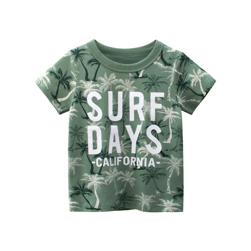 2021 vestiti estivi per bambini T-shirt per ragazzi stampa di lettere albero di cocco pieno abbigliamento per bambini magliette o-collo verde bambini top tees: 10(tag140)
