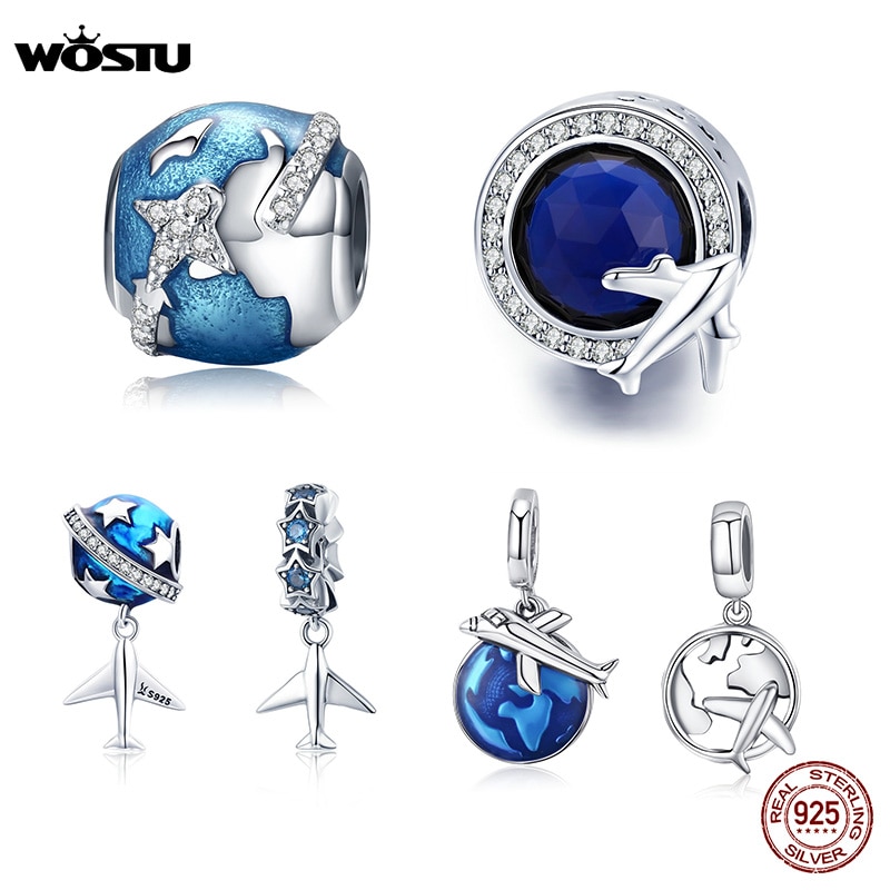 WOSTU Travel Around World Charms 100% 925 Sterling Silver Airplane Blue Beads Fit Original Bracelet Pendant DIY Necklace Jewelry