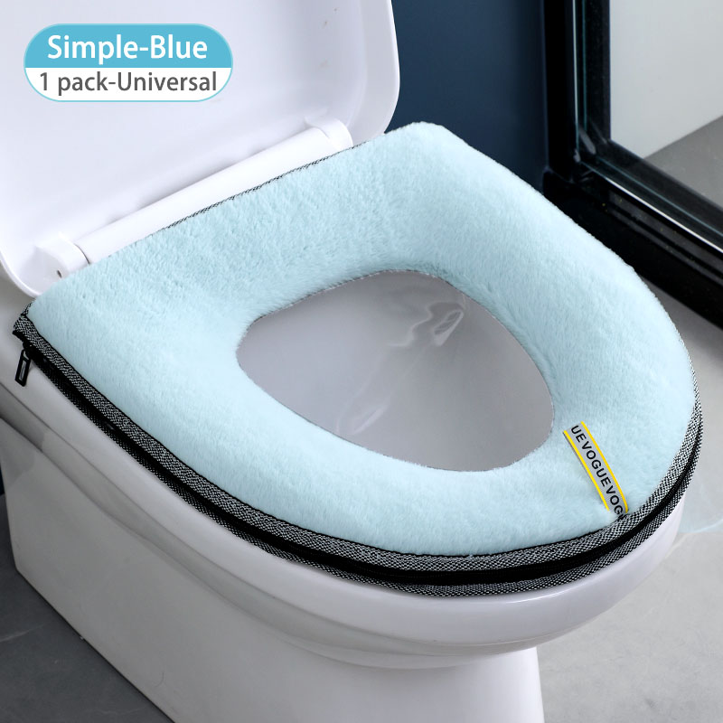 Bathroom Toilet Seat Cover Set Thicken Soft Coral Velvet Rainbow Color Zipper Toilet Case Warm Waterproof WC Potty Cover SWZ024: Solid color-blue