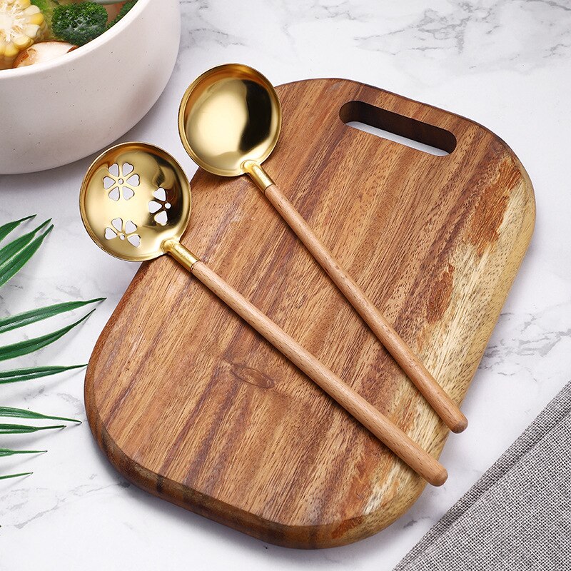 2PCS Stainless Steel Wooden Handle Spoon/Colander 26.7CM Pot Spoons Flatware Soup Drinking Tools Kitchen Gadget