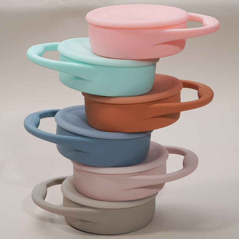 Taza de aperitivos para bebés, caja de almacenamiento de alimentos portátil para niños pequeños, contenedor de aperitivos de silicona sin BPA con tapa, colores sólidos