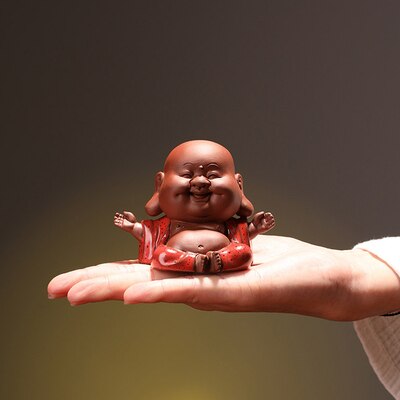 Hecho a mano púrpura arena lindo Maitreya Buda muñeco de monje adornos dedos té jugar té artesanía de mascotas: A