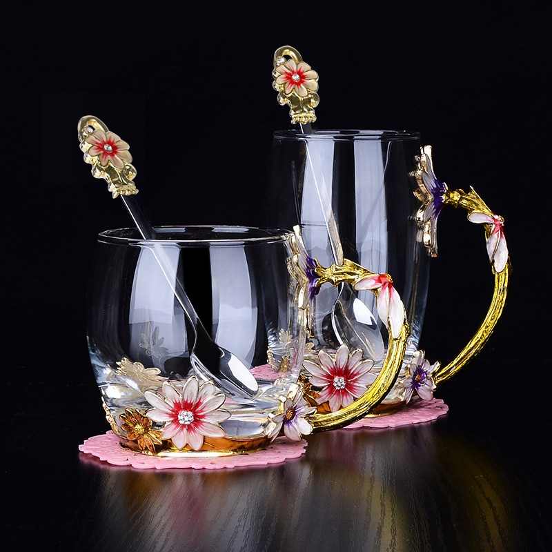 Värmebeständig kristallmugg emalj glasmugg blomma teservis kaffekopp vatten mjölk kaffe drinkware för  lw424343