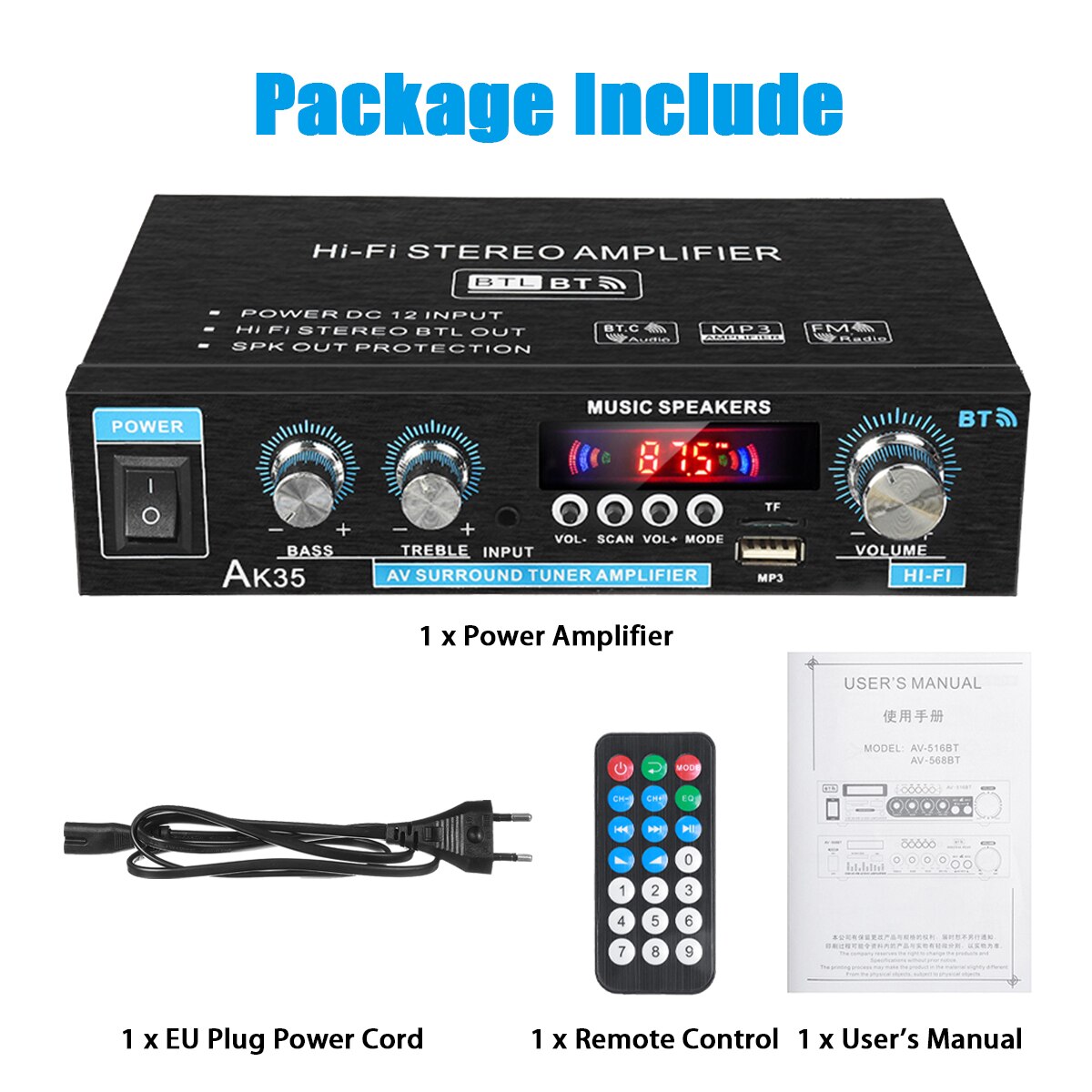 AK35 800W Home Car Amplifiers 2 Channel bluetooth 5.0 Surround Sound FM USB Remote Control Mini HIFI Digital Amplifier Stereo