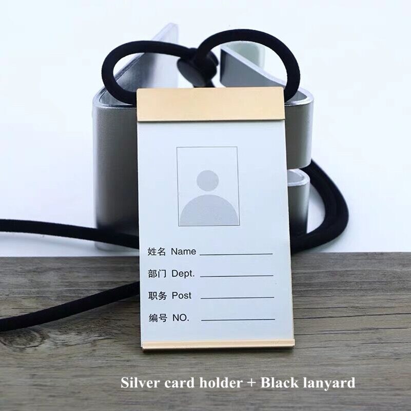 Funda de aluminio para tarjeta de identificación y nombre de empleado, insignia de identificación con cordón para collar, suministros de oficina y escuela, certificado de trabajo de Metal: Gold Black