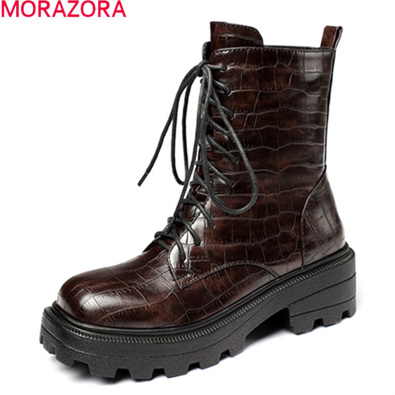 Morazora ankelboots vinter damskor snörning tjocka klackar fyrkantig tå dam boots svart brun