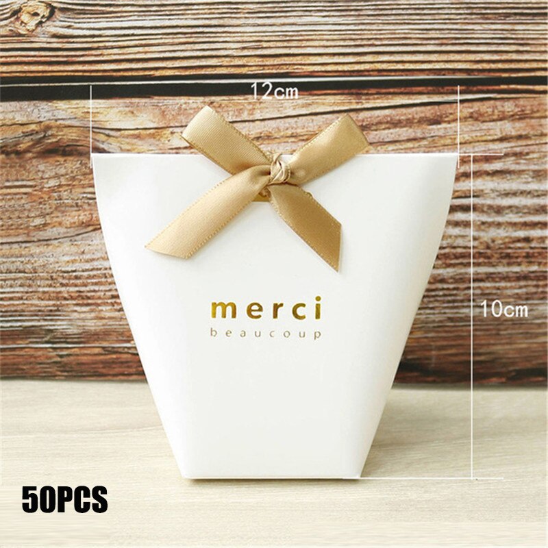 50 Stks/partij Zwart Wit Bronzing Franse "Merci" Papier Candy Bag Dank U Bonbondoos Pakket Bruiloft Verjaardag party Favor Tassen: small Merci white