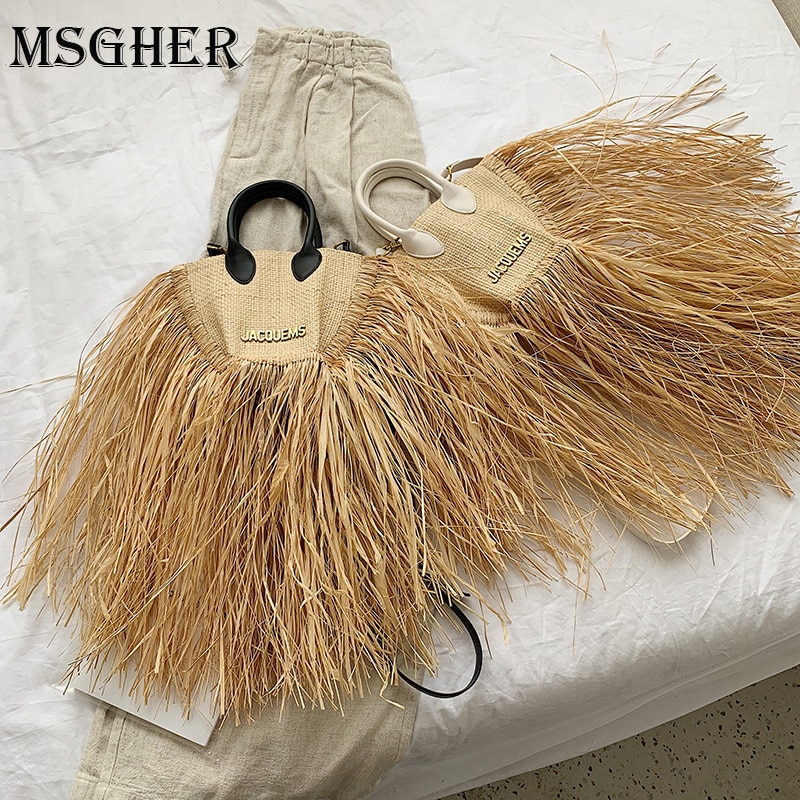 Sac à main en osier tissé pour femmes, sacs en paille avec pompon, lettres de styliste, à bandoulière, pour la plage, Bali