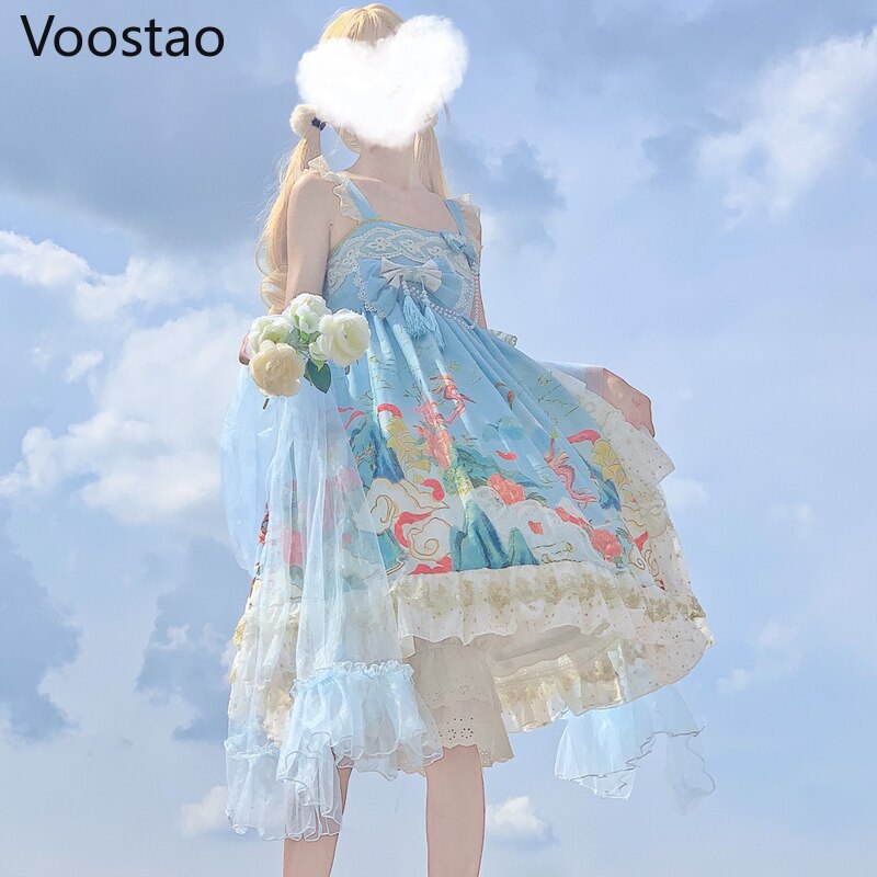 Robe Lolita JSK en dentelle pour filles, tenue de princesse sans manches, Vintage, Chic, imprimé, nœud, mignon