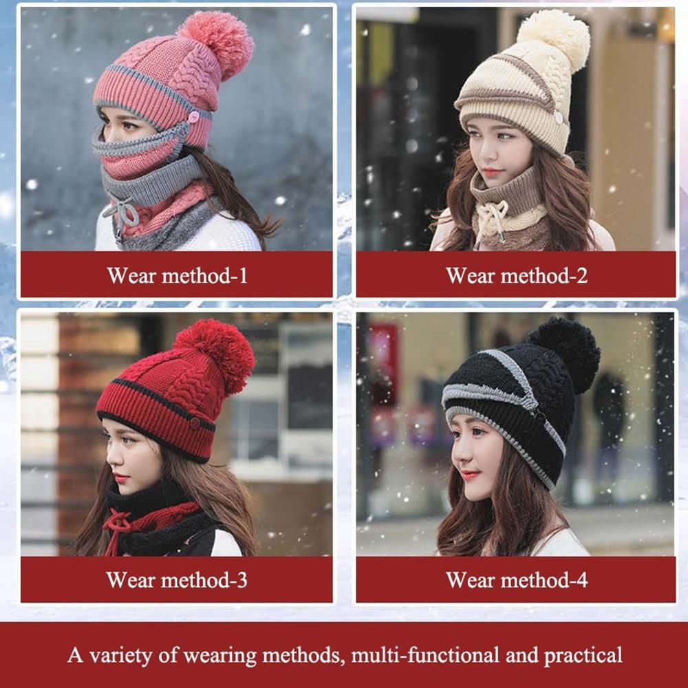 Gebreide wollen muts gebreide muts dames sportkleding plus fluweel 3 stuks/set masker sjaal set winddicht paardrijden warme buitenactiviteiten