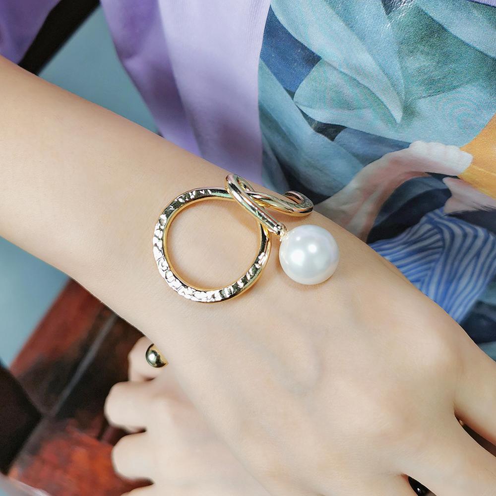 MANILAI Brand Imitation Pearl Cuff Bracelets For Women Wave Curve Metal Bracelet Bangles Alloy Charm Jewelry Party