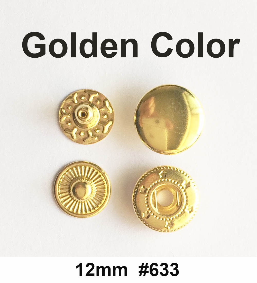 Okrągły metalowy przycisk zatrzaskowy robić skórzanych toreb odzieżowych pstryknąć Fastner zatrzaski zestaw narzędzi instalator srebrne guziki 831/633/655/201/203: 50 zestaw / złoty 12mm 633