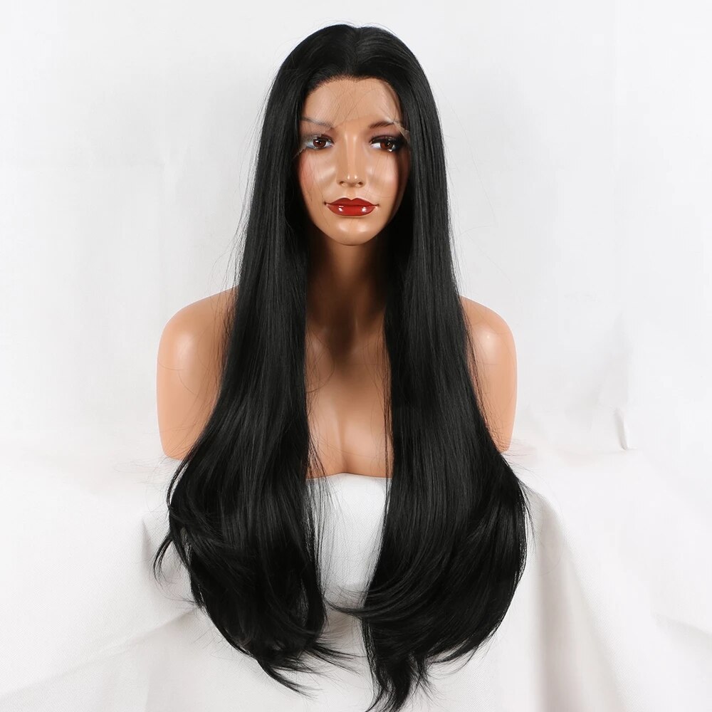 Perruque Longue Noire Lisse 100cm Avec Frange - Synthétique, Bonnet Moyen +4 - Neuve