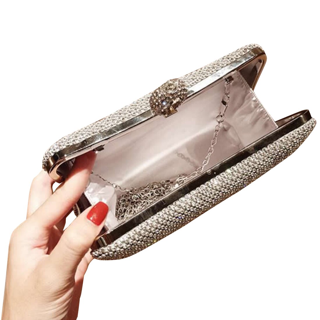 Zilveren Clutch Bag Glitter Glanzend Avondtasje Bruiloft Banket Koppelingen Met Ketting Purse Rhinestone Elegante Party Pouch