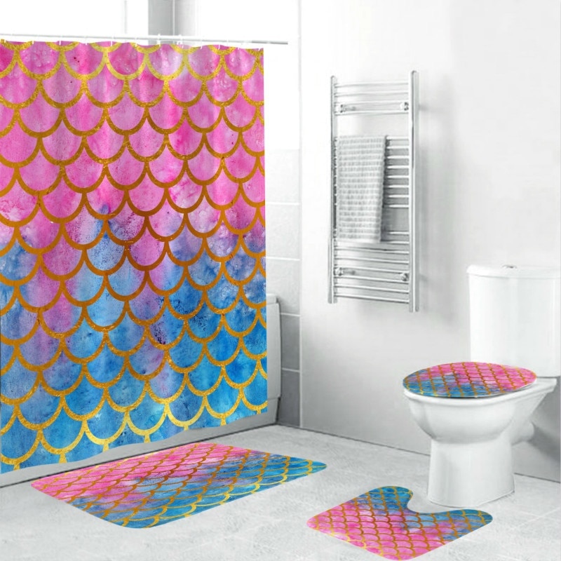 Sirène écailles géométrique étanche rideau de douche 4 pièces salle de bain ensemble tapis couverture toilette couverture bain tapis Pad décor à la maison
