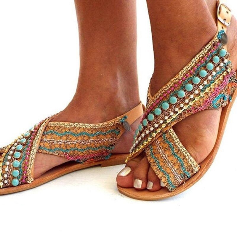 Sandálias femininas de verão com alça cruzada com miçangas sandálias planas estilo étnico estrangeiro boêmio sapatos de praia feminino sandalias sapatos mais tamanho