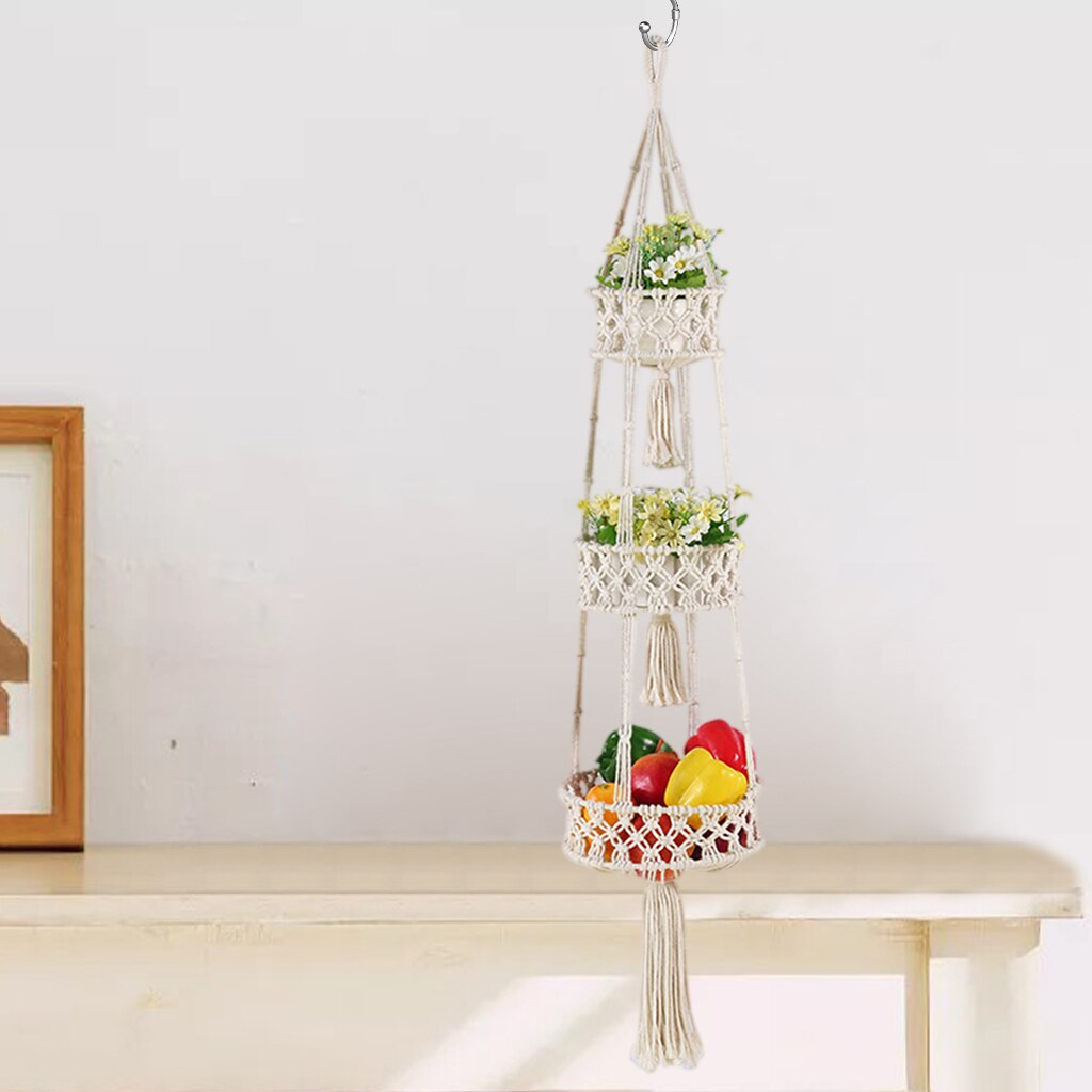 Cesto di frutta appeso Macrame a 3 livelli per cucina appeso amaca di frutta per cesto portaoggetti da parete per organizzazione di verdure, Boho Decor