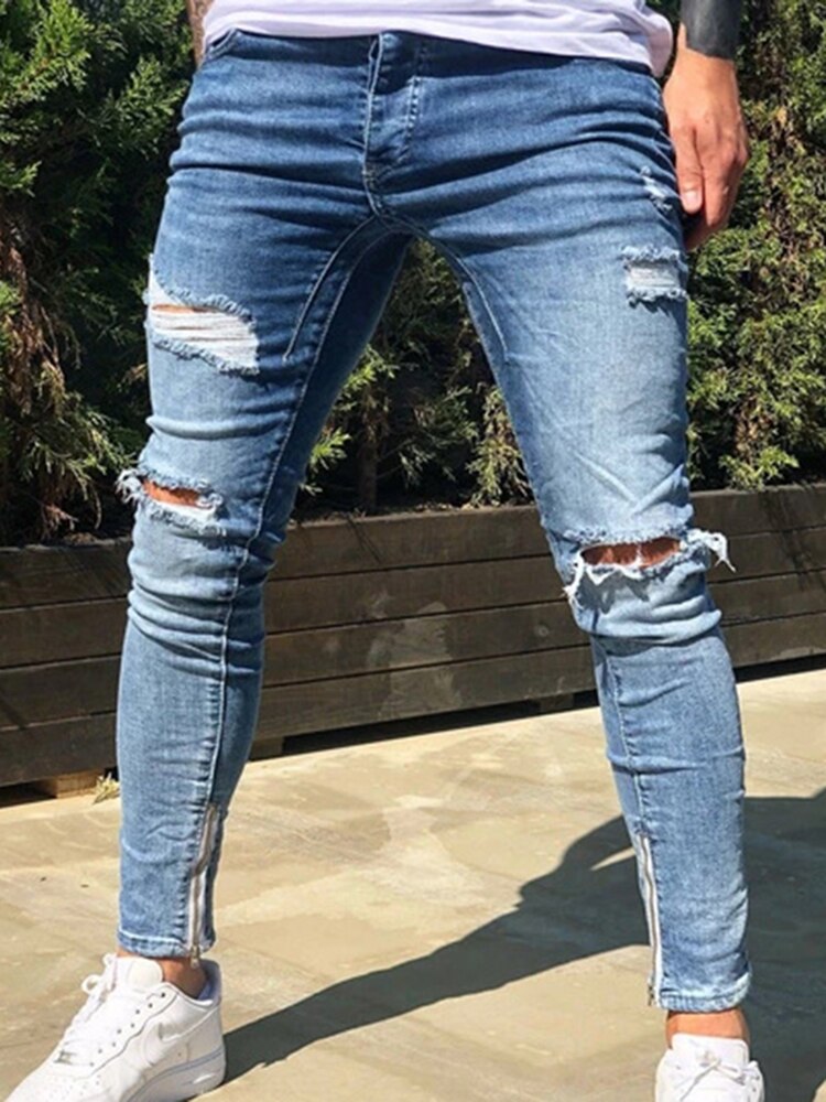 jeans alla caviglia strappati da uomo di alta qualità elasticizzati piccoli piedi nuovi jeans casuale fresco danneggiati con foro anca-salto
