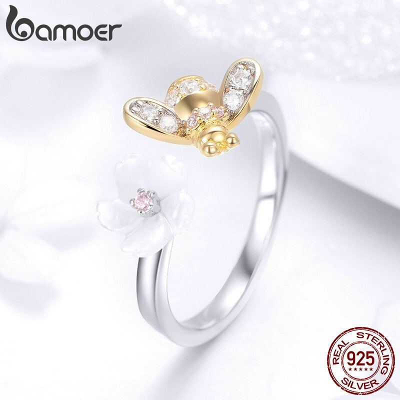 Bamoer 100% 925 Sterling Zilver Verstelbare Bee En Honing Bloem Zoete Wens Vinger Ringen Voor Vrouwen Party Zilveren Sieraden BSR013