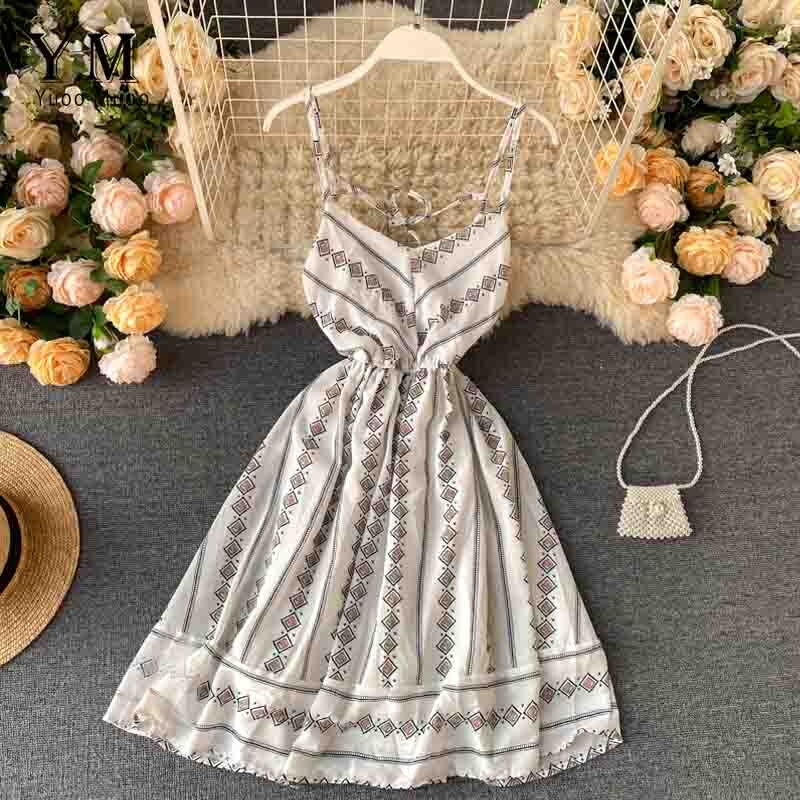 Yuoomuoo Vrouwen Boho Print Jurk Zomer V-hals Backless Bandage Strand Chiffon Jurk Vrouwen Mode A-lijn Jurk Zonnejurk: WHITE