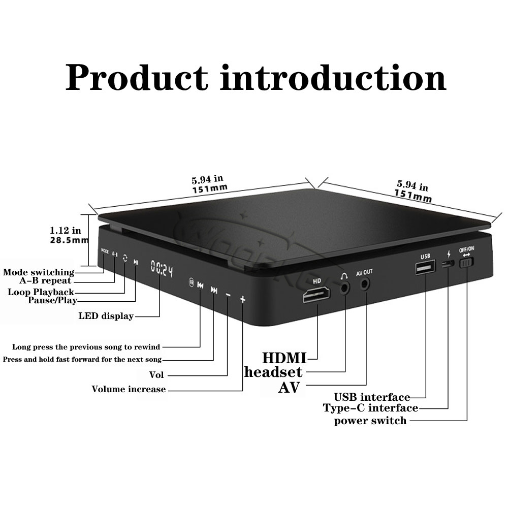 Woopker DVD Player HD Player HDMI AV Connection With USB input Headphone Output touch LED Screen HD 1080P Type-C 5V / 2A