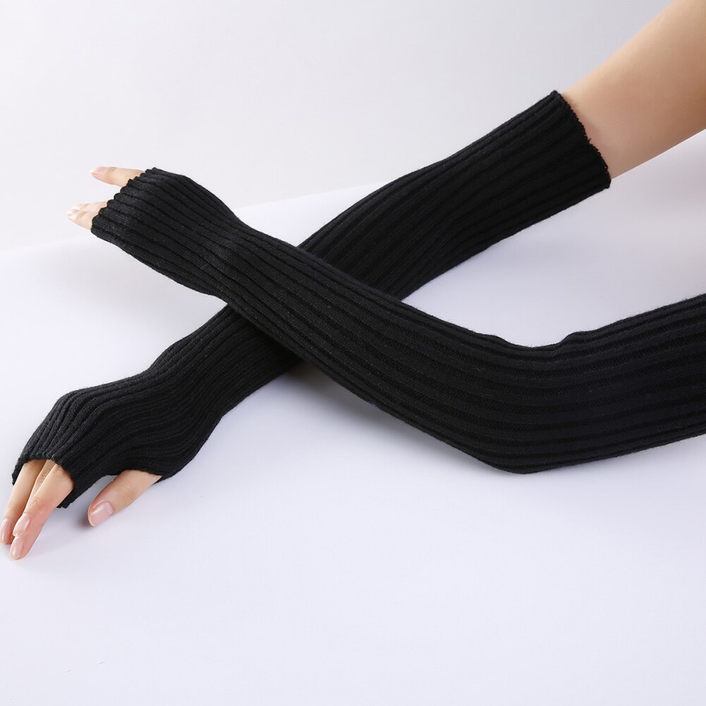 Damehandsker strækbare langærmede fingerløse handsker varme strikkede vanter armvarmere lange handsker forår efterår 52cm