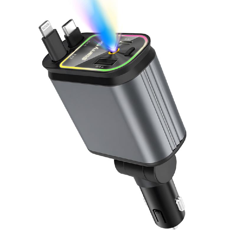 Cargador de coche retráctil 4 en 1: cargador USB C para coche de 120W, adaptador de carga rápida y puerto de carga dual, cargador de teléfono para coche