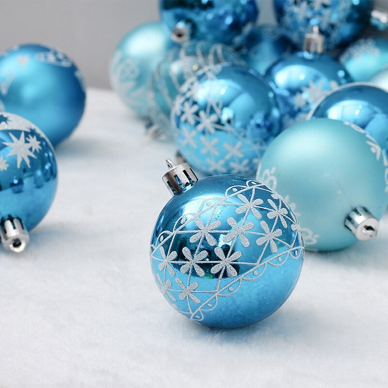 24Pcs 6Cm Blauwe Tekening Kerstballen Kerstboom Opknoping Bal Decor Boom Bal Ornamenten Voor Xmas Party Supplies decor