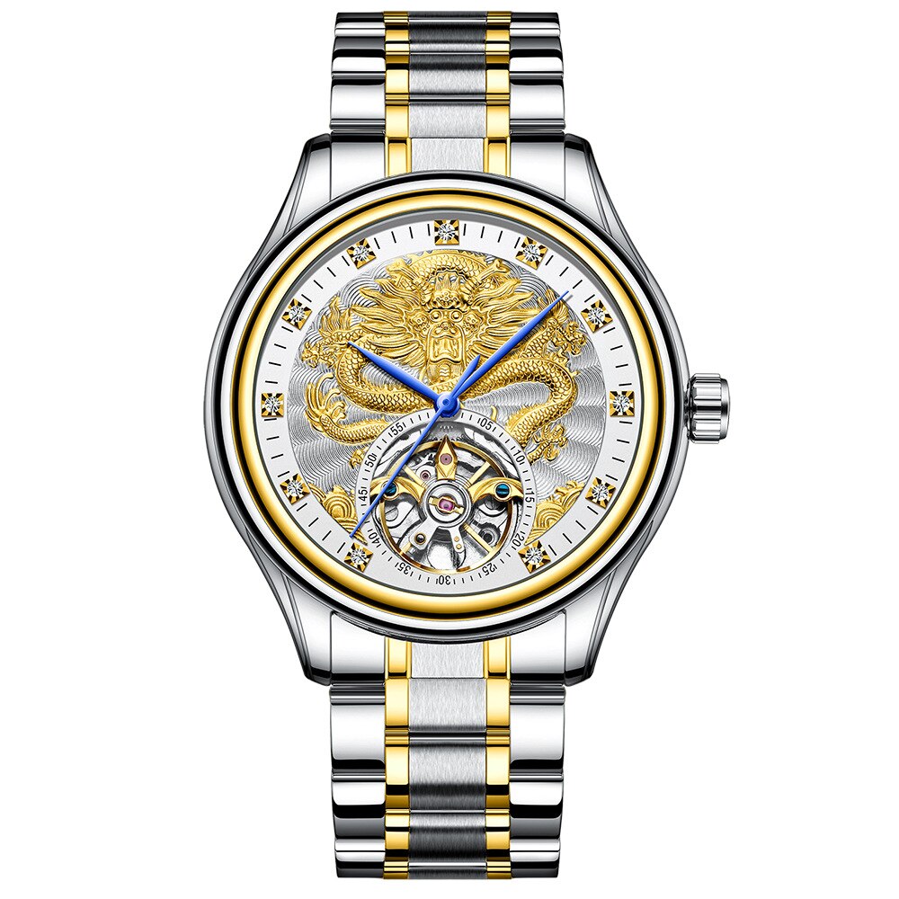 FNGEEN Luxus Männer Automatische Mechanische Uhr Wasserdicht Gold Drachen Uhren Für Männer Edelstahl Tourbillon Relogio Masculino: Silber- Gold Weiß